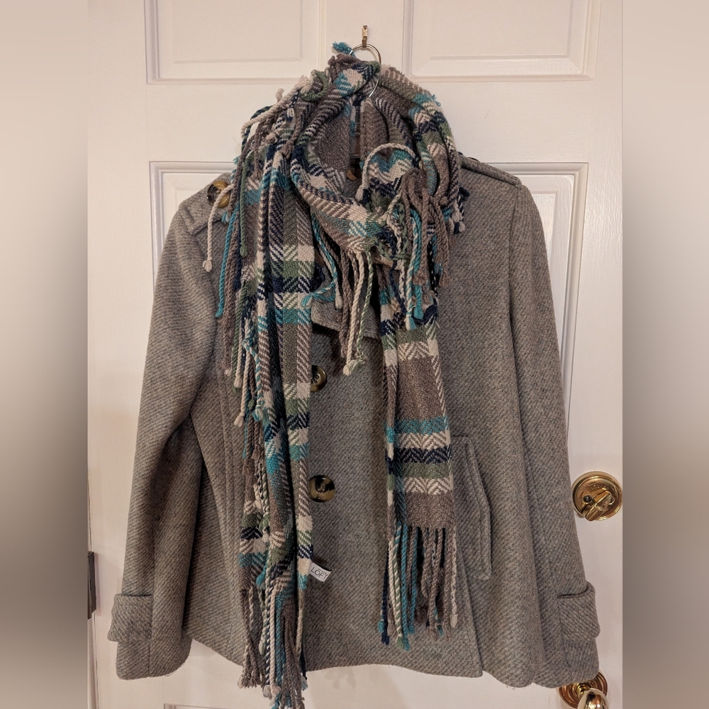 Vintage Timeless Classic Ann Taylor LOFT Peacoat Sz MP Petite and Plaid Scarf